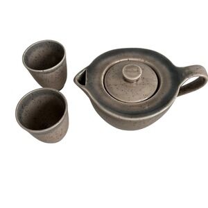 B.Smith Gray Ceramic Teapot with 2 Cups Set, Asian Tea Ceremony, Earthy Pottery